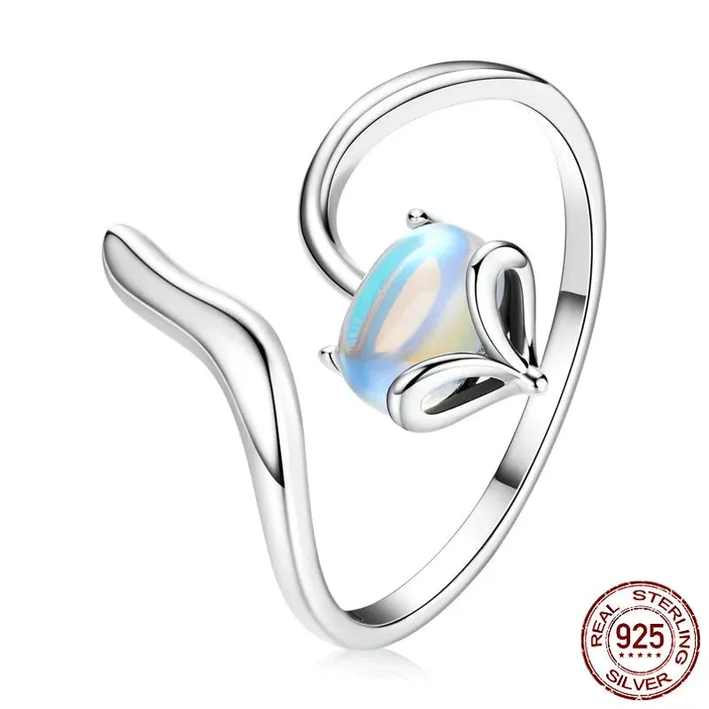 925 Sterling Silver Fox Shape Moonstone Adjustable Ring for Women