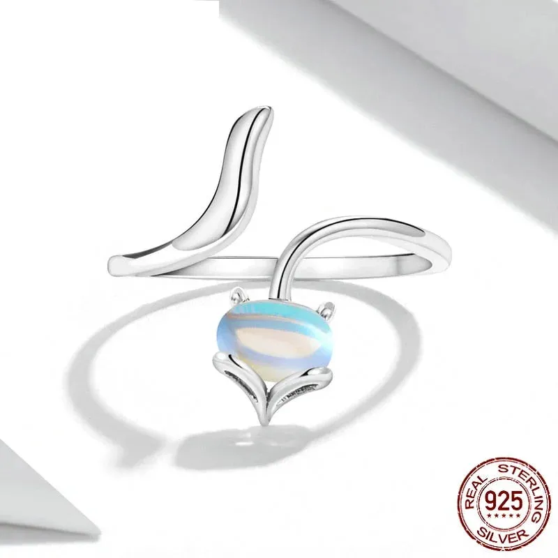 925 Sterling Silver Fox Shape Moonstone Adjustable Ring for Women