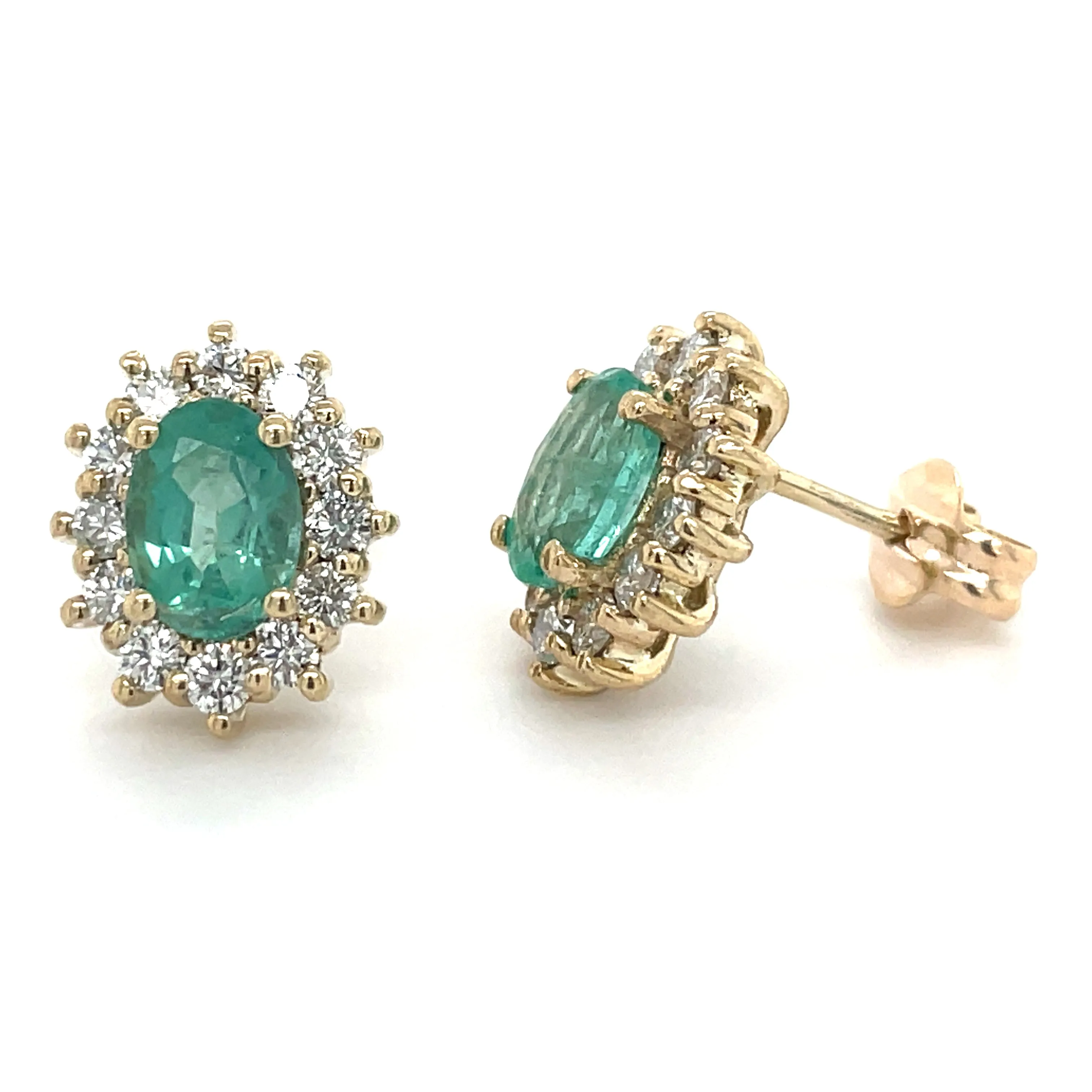 9ct Yellow Gold Oval Earth Grown Emerald & Diamond Cluster Earrings