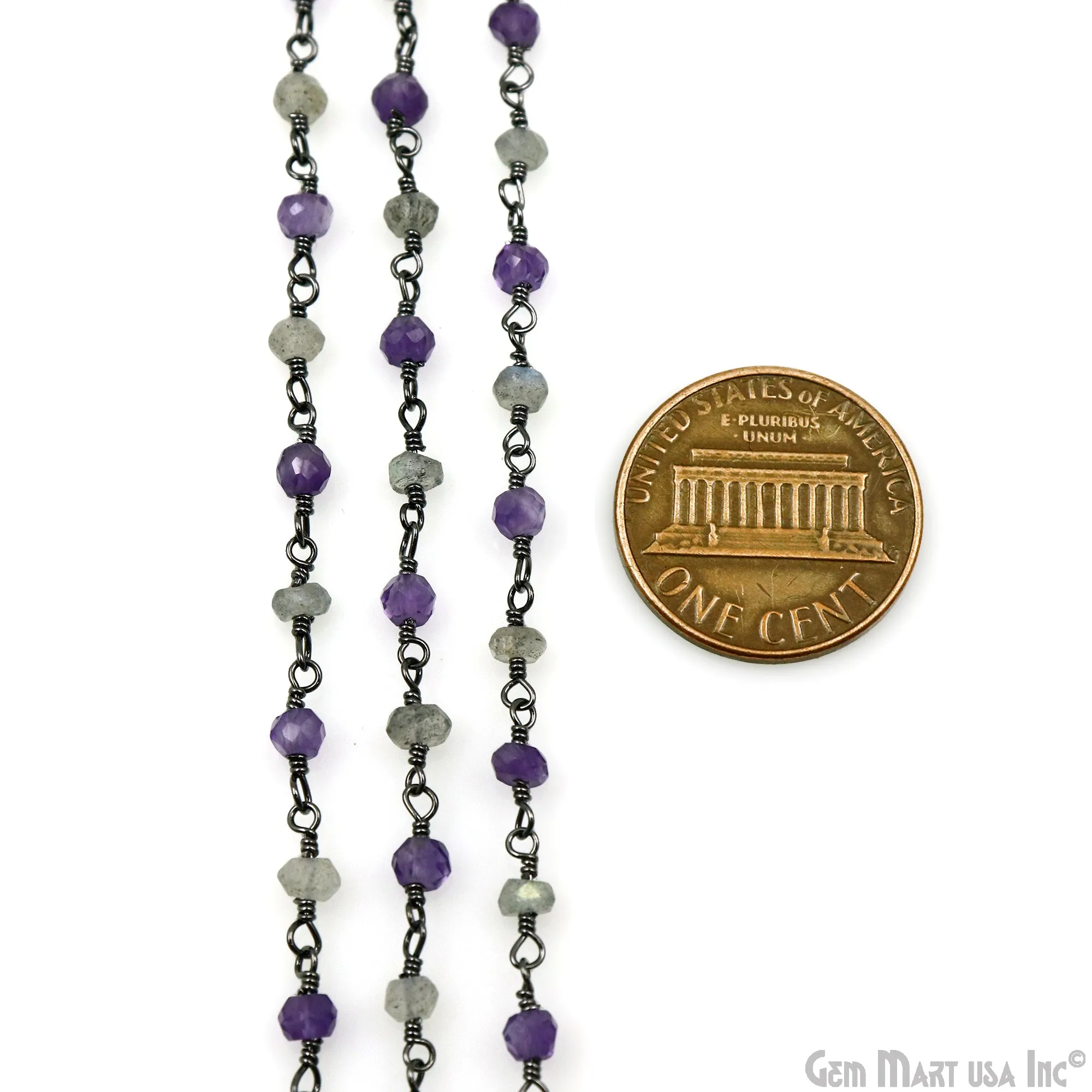 Amethyst & Labradorite 3-3.5mm Oxidized Faceted Beads Wire Wrapped Rosary Chain