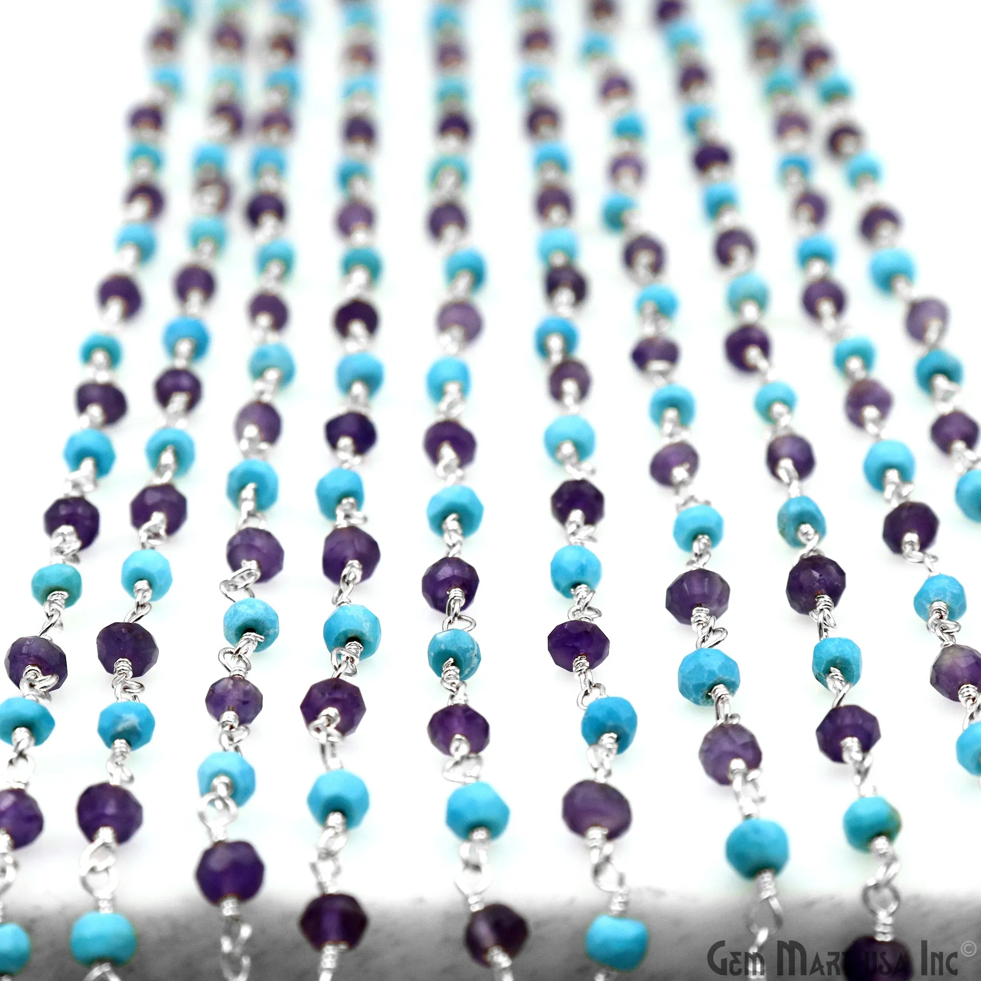 Amethyst & Turquoise 3-3.5mm Silver Plated Beaded Wire Wrapped Rosary Chain