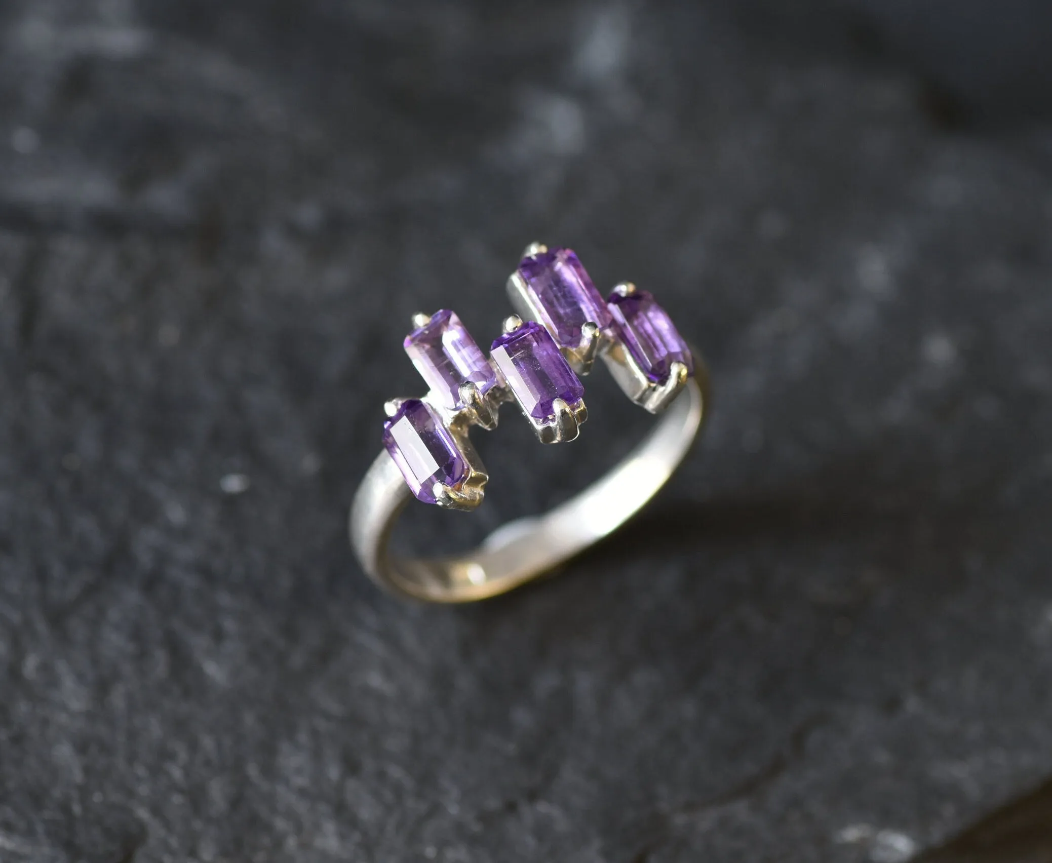 Amethyst Ring - February Birthstone Ring - Purple Baguette Ring