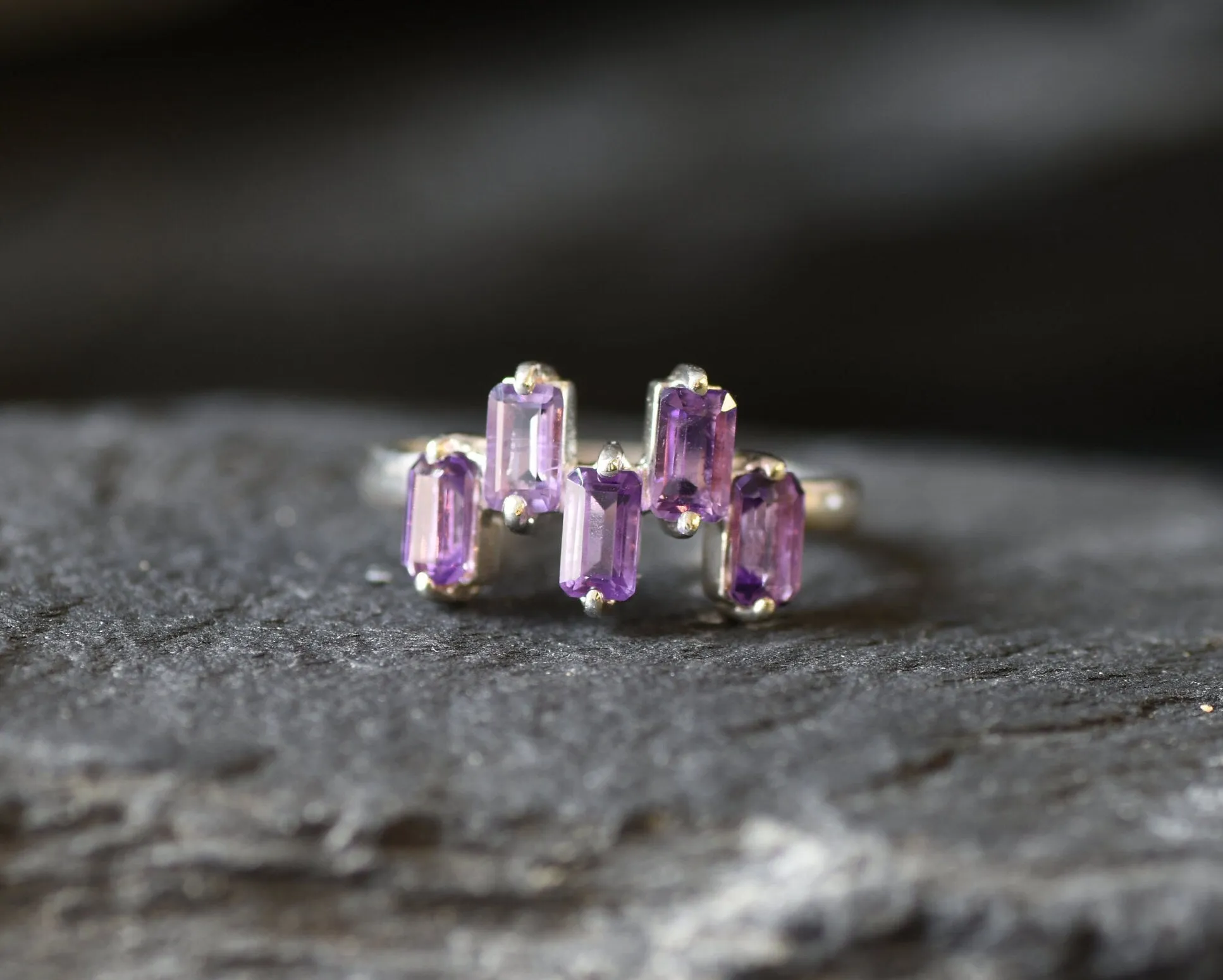 Amethyst Ring - February Birthstone Ring - Purple Baguette Ring