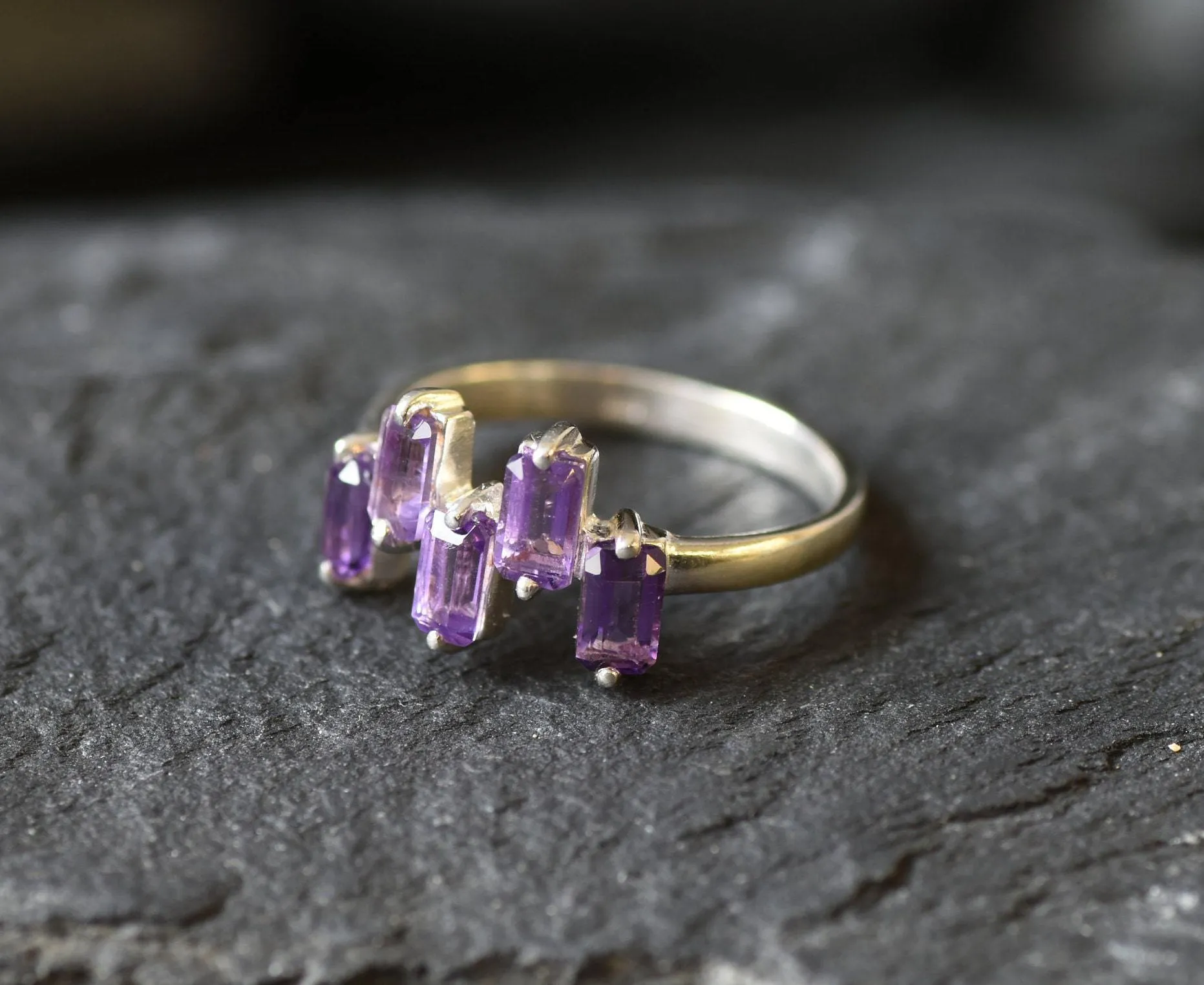 Amethyst Ring - February Birthstone Ring - Purple Baguette Ring