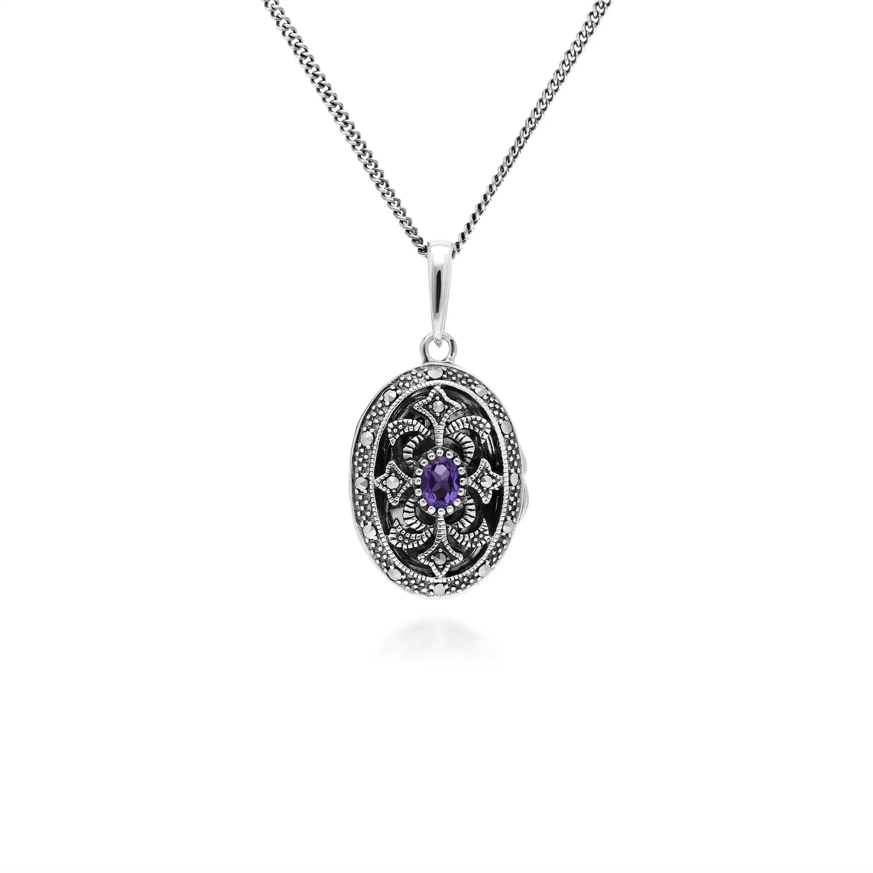 Art Nouveau Stil Ovale Amethyst & Markasite Halskette in 925 Sterlingsterlingsilber