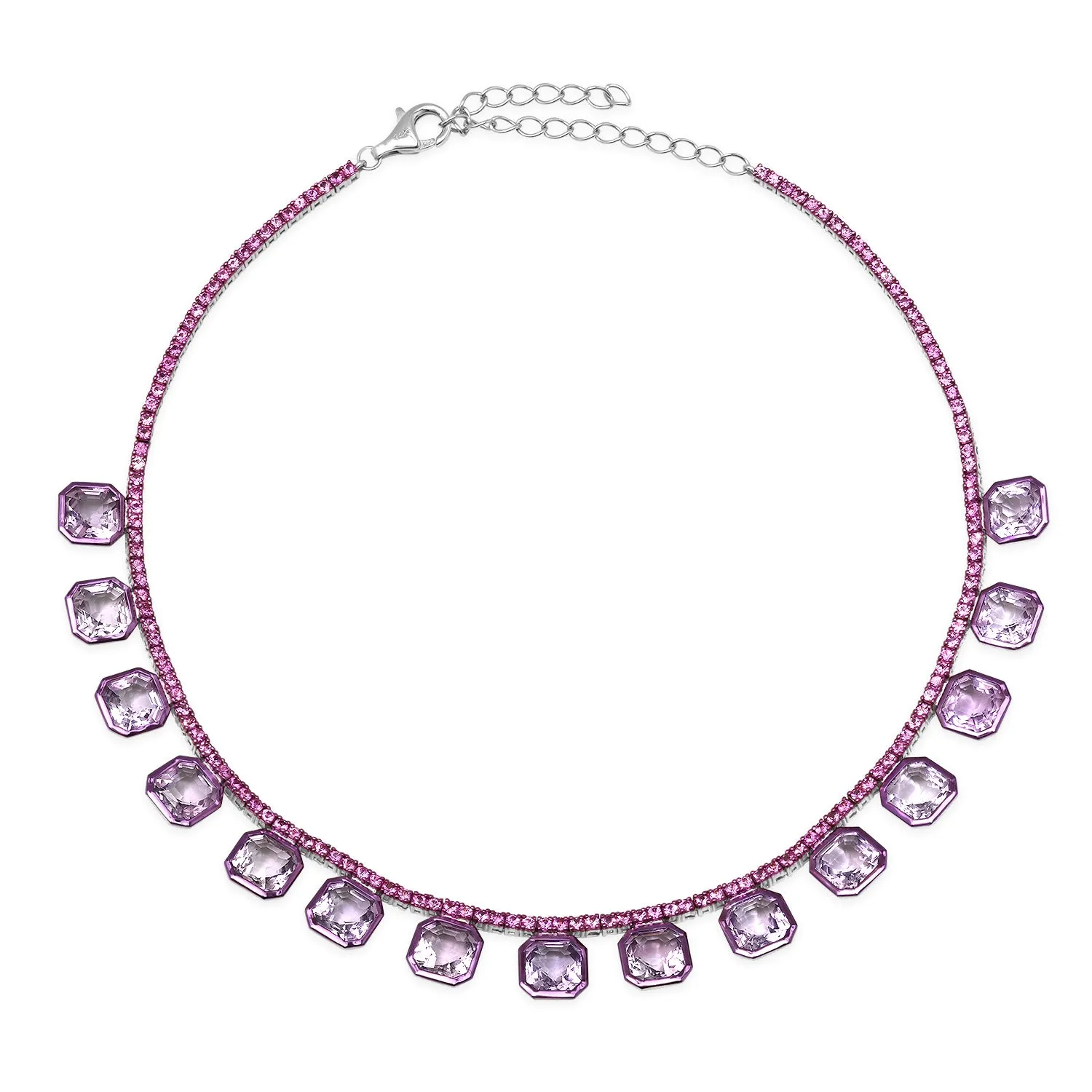 Bezel Set Amethyst Drop & Pink Sapphire Tennis Necklace