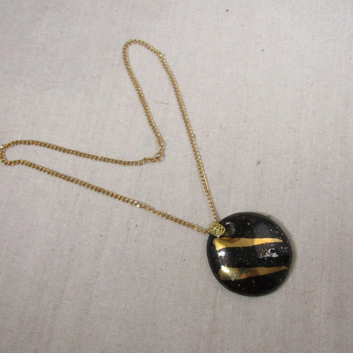 Black and Gold Large Fair Trade  Kazuri Pendant Necklace