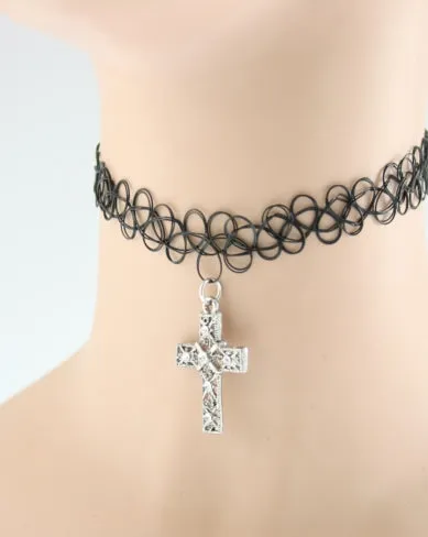 Black Tattoo Necklace with crystal stone cross