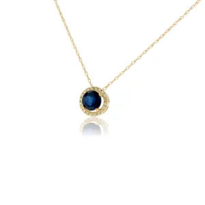 Blue Sapphire & Hidden Bail Diamond Halo Pendant w/Chain