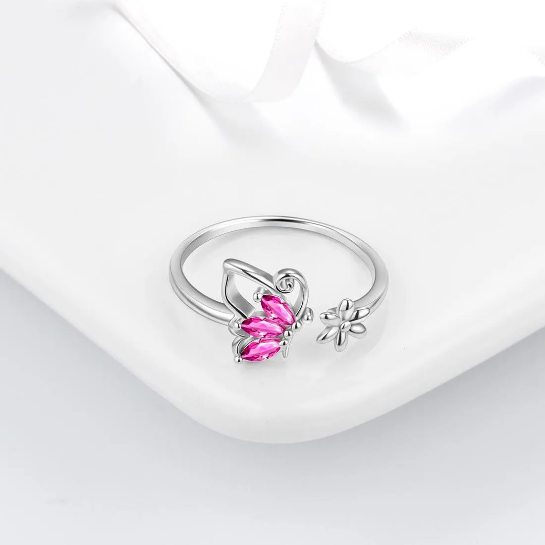 Butterfly Ring Open Birthstone July Ruby Women Girls Jewelry Birthday Gift