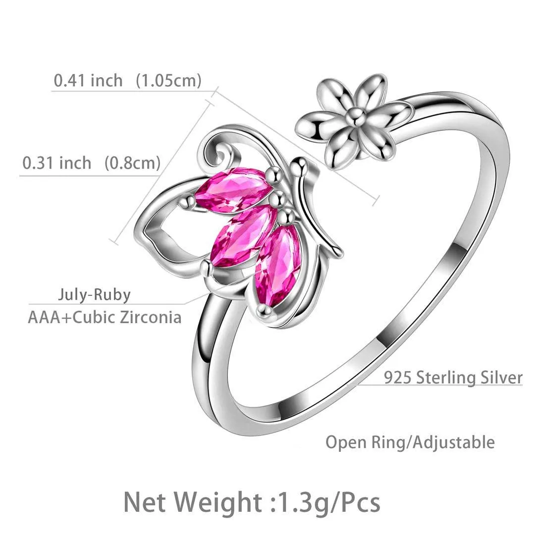 Butterfly Ring Open Birthstone July Ruby Women Girls Jewelry Birthday Gift