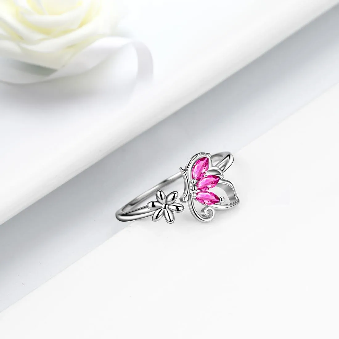 Butterfly Ring Open Birthstone July Ruby Women Girls Jewelry Birthday Gift