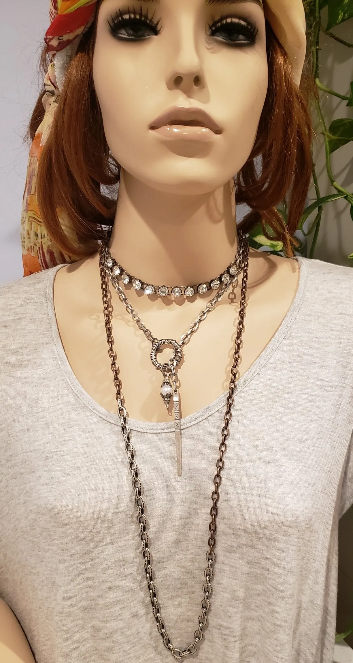 Chain Necklace With Pearl, Pinnacle And Loop Antique Silver