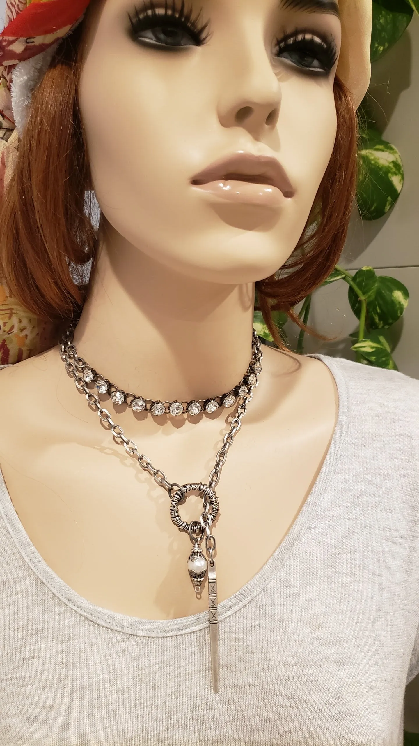 Chain Necklace With Pearl, Pinnacle And Loop Antique Silver