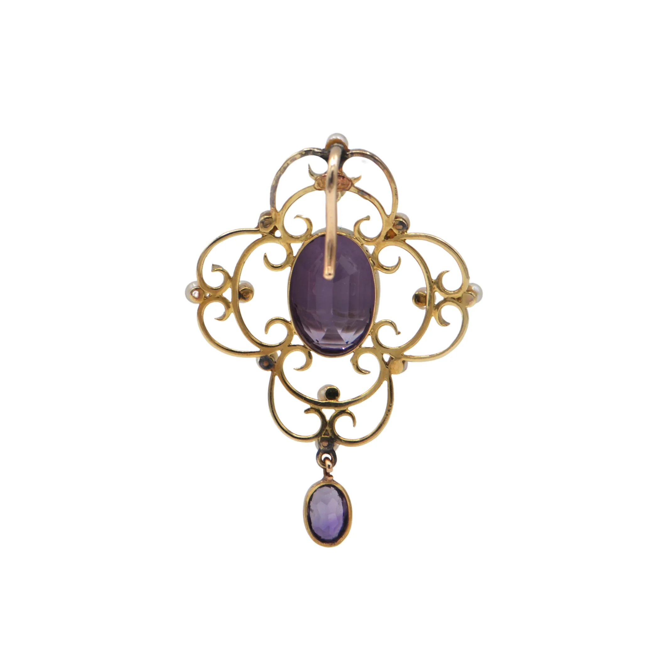 Edwardian English Amethyst and Seed Pearl 15ct Lavallière Pendant