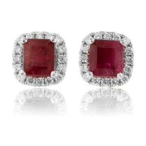 Emerald-Cut Red Emerald and Diamond Halo Stud Earrings