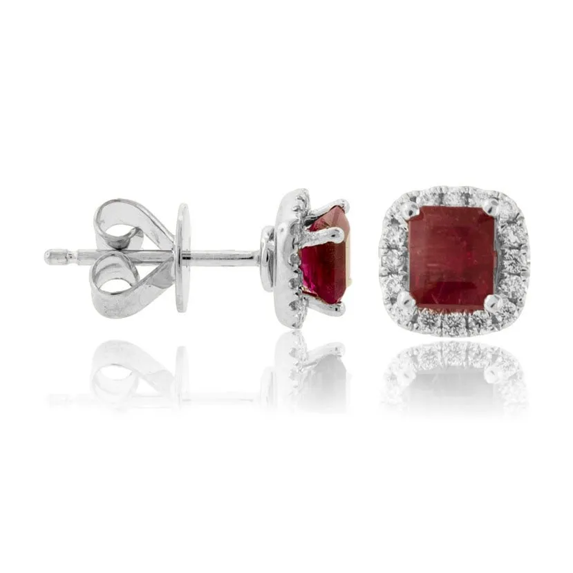 Emerald-Cut Red Emerald and Diamond Halo Stud Earrings