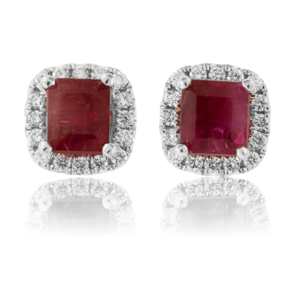 Emerald-Cut Red Emerald and Diamond Halo Stud Earrings