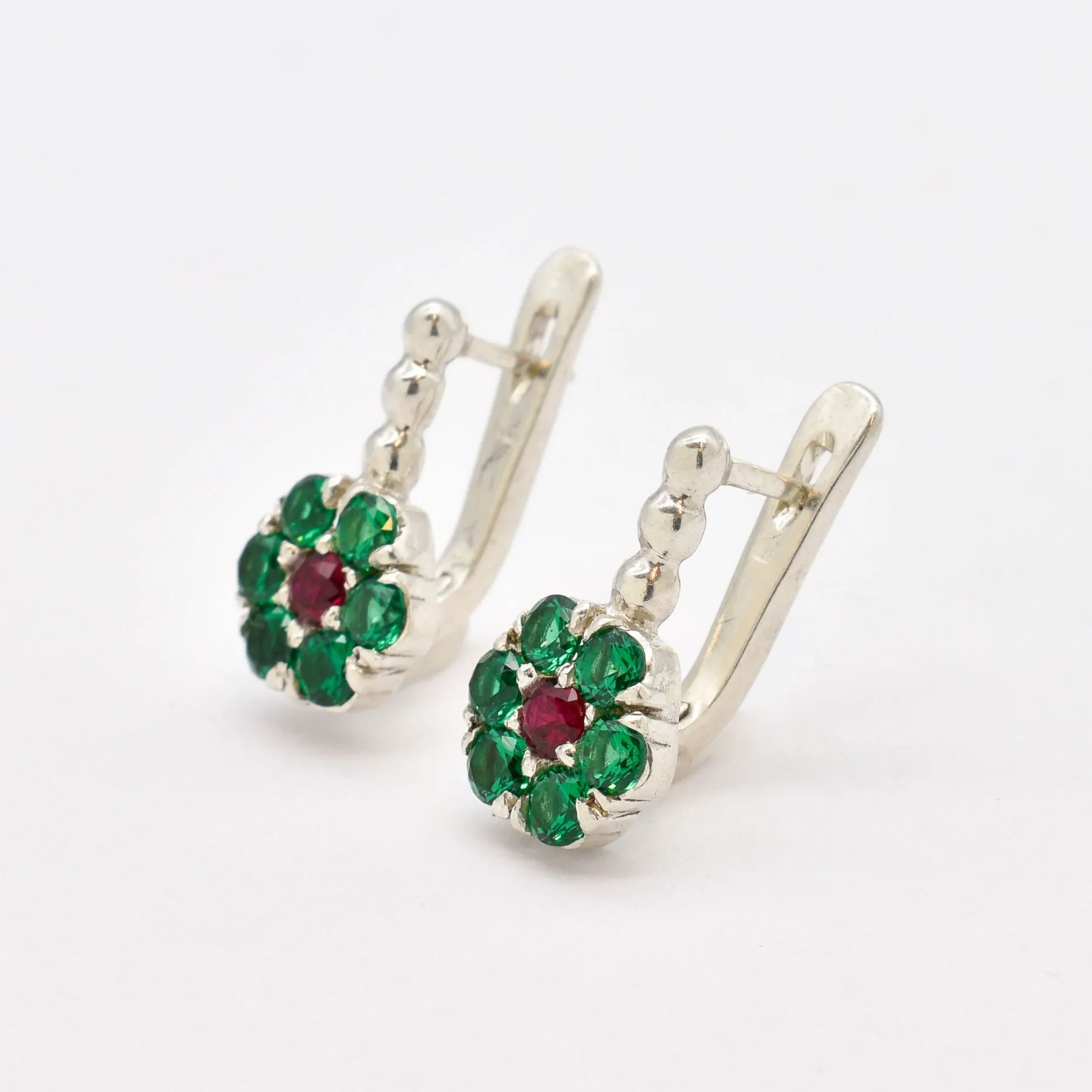 Emerald Flower Earrings - Green Flower Earrings - Red Ruby Earrings