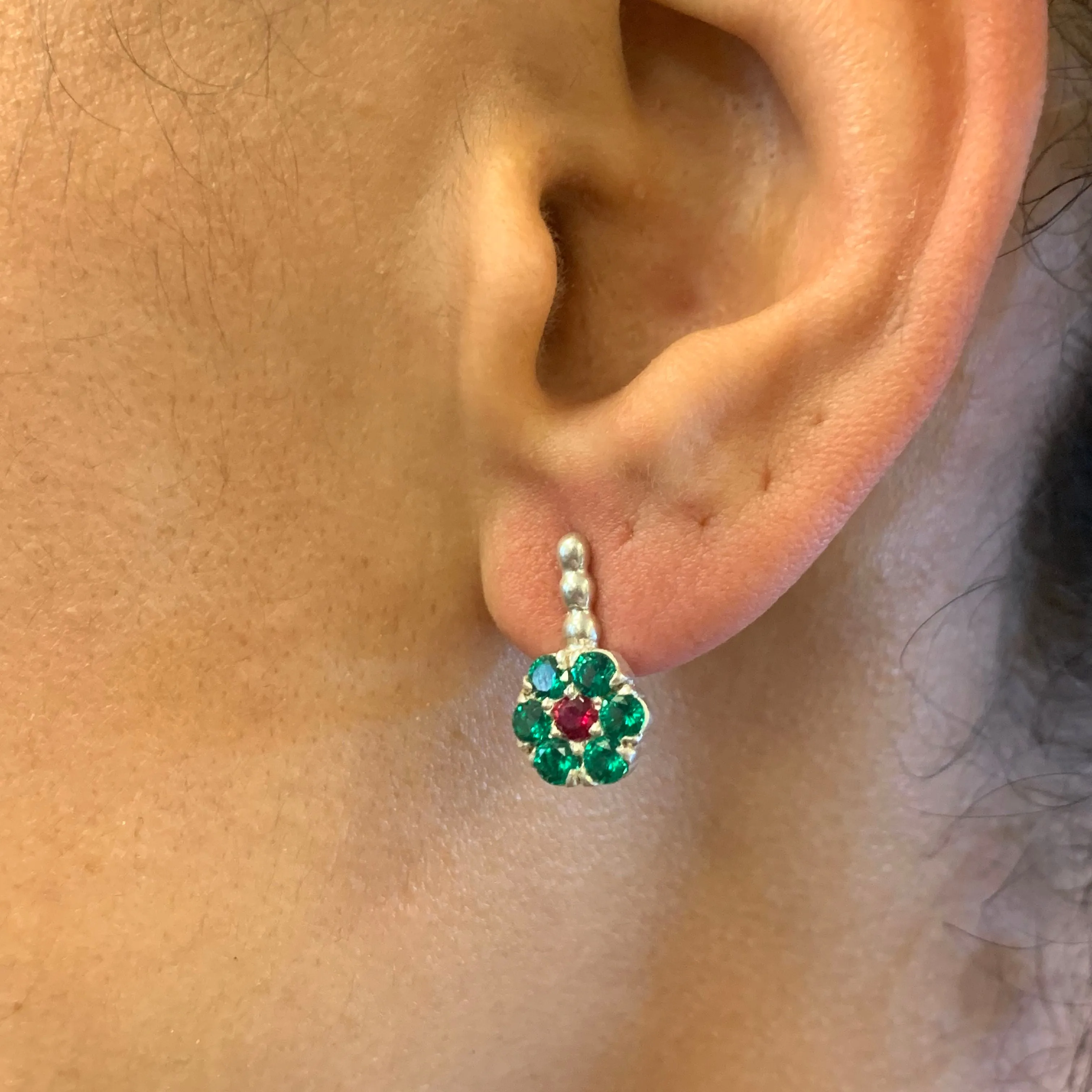 Emerald Flower Earrings - Green Flower Earrings - Red Ruby Earrings