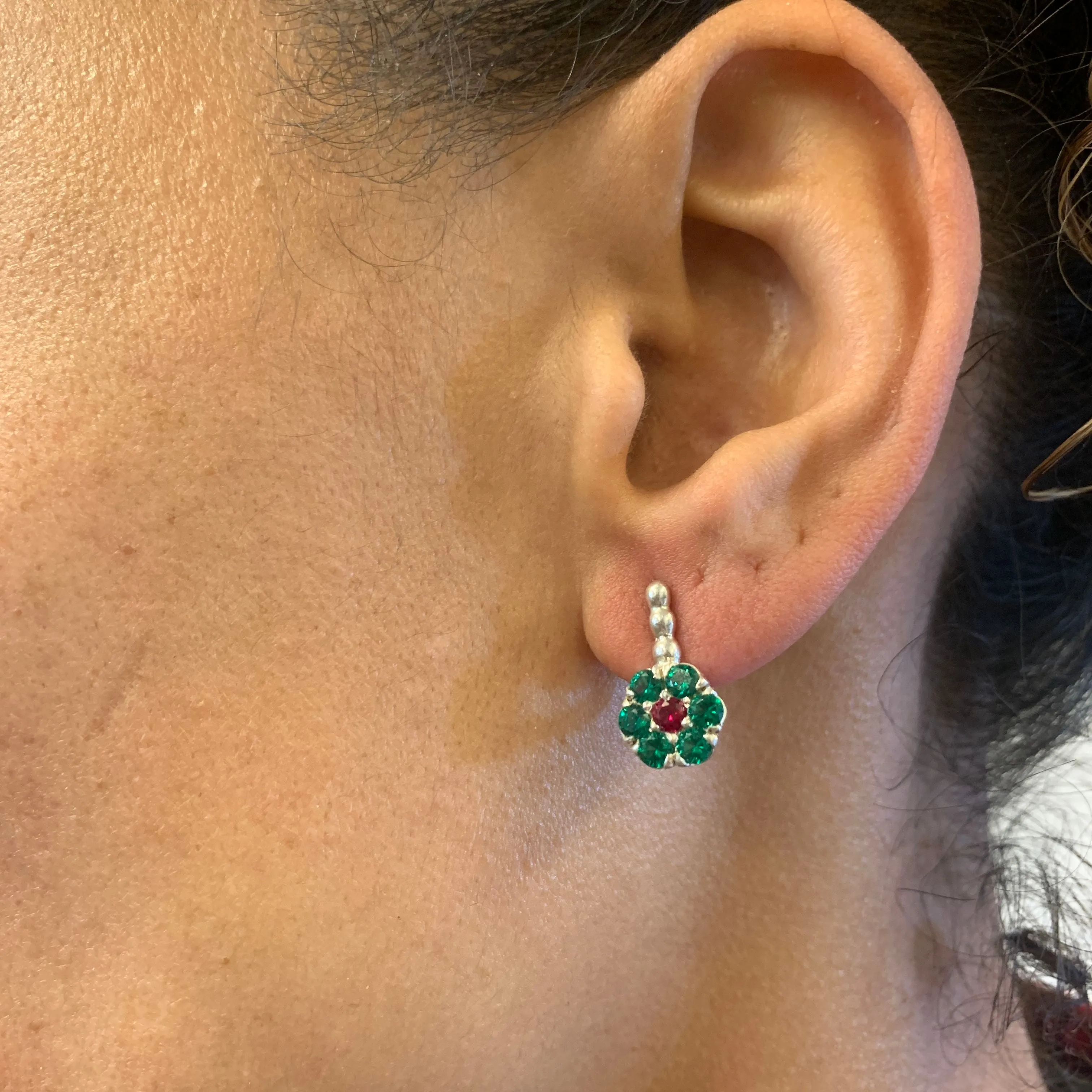 Emerald Flower Earrings - Green Flower Earrings - Red Ruby Earrings