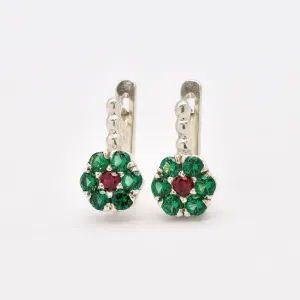 Emerald Flower Earrings - Green Flower Earrings - Red Ruby Earrings