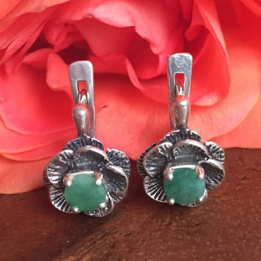 Emerald Flower Earrings - Vintage Flower Earrings - Rose Emerald Earrings