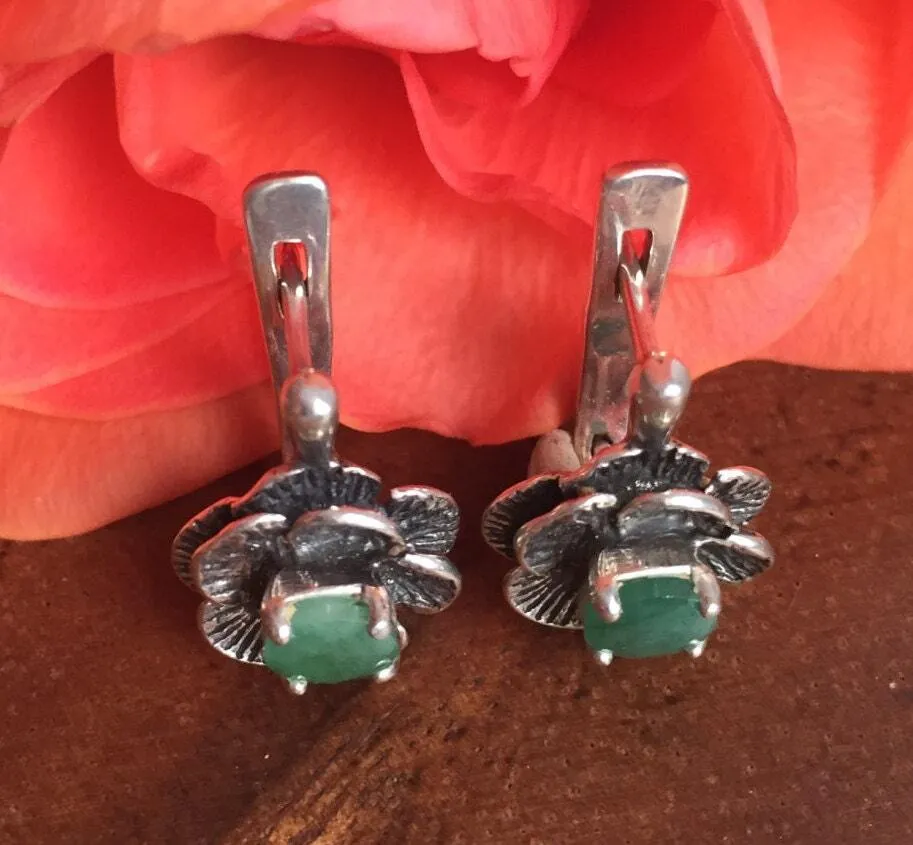 Emerald Flower Earrings - Vintage Flower Earrings - Rose Emerald Earrings