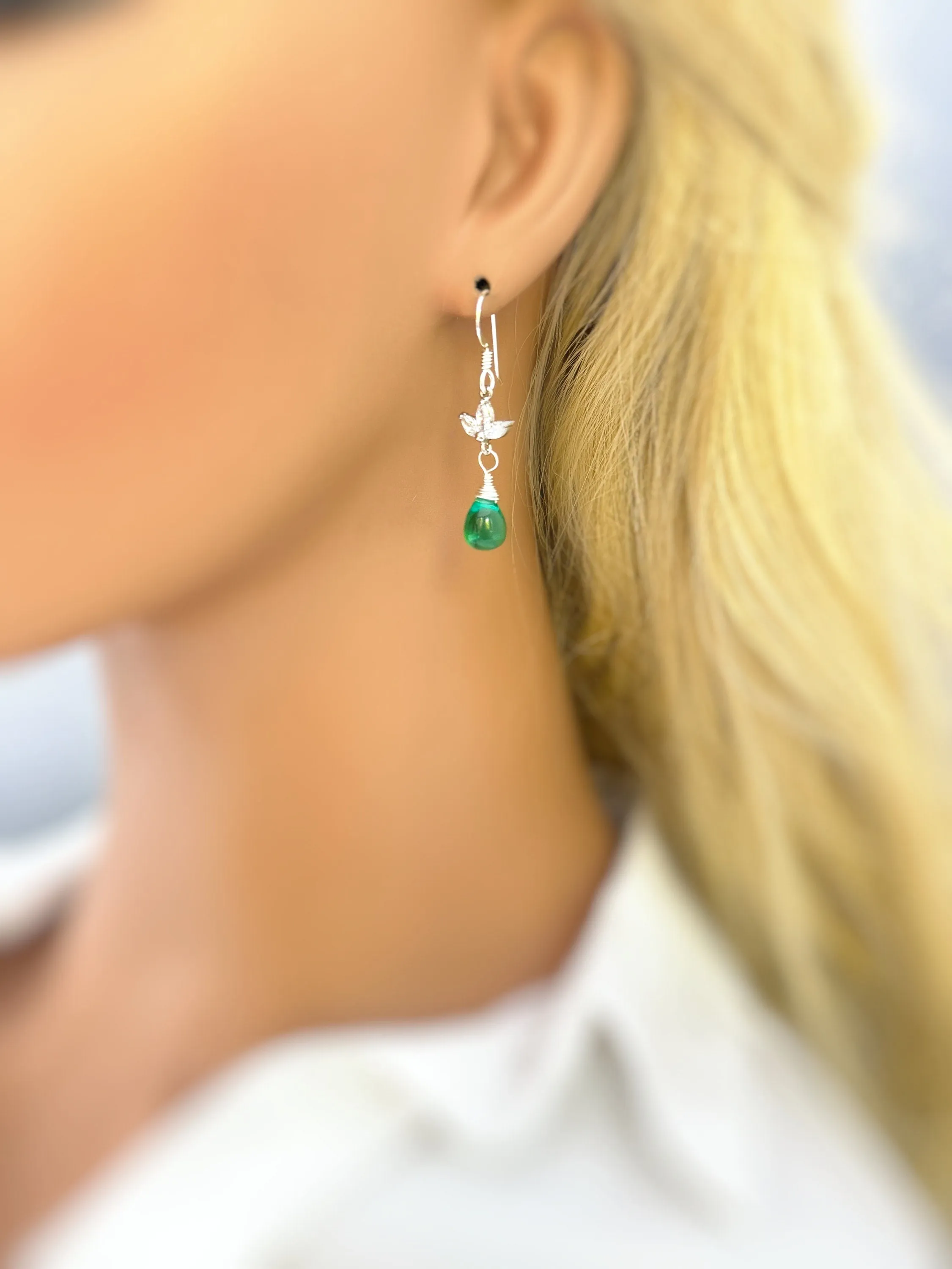 Emerald Green Gemstone Crystal earrings silver, gold, rose gold