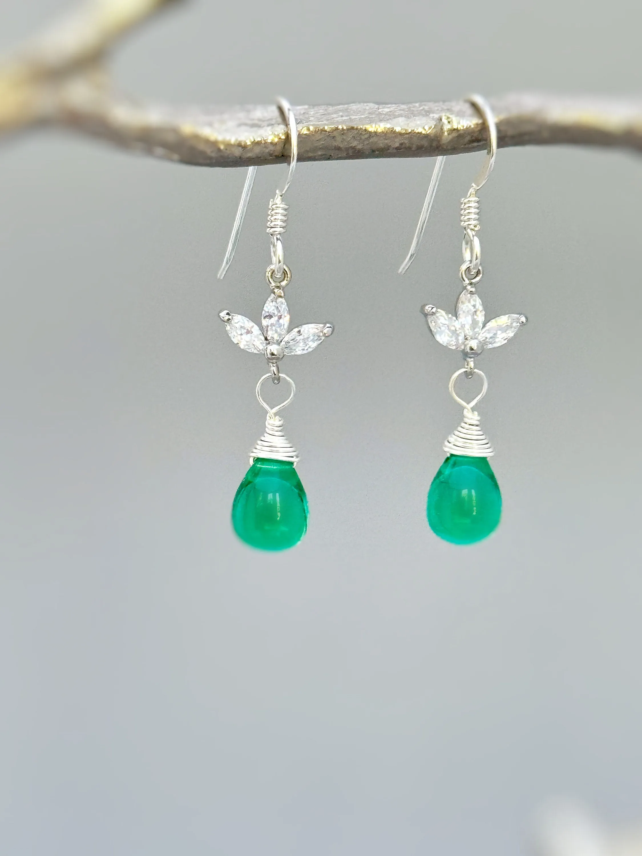 Emerald Green Gemstone Crystal earrings silver, gold, rose gold