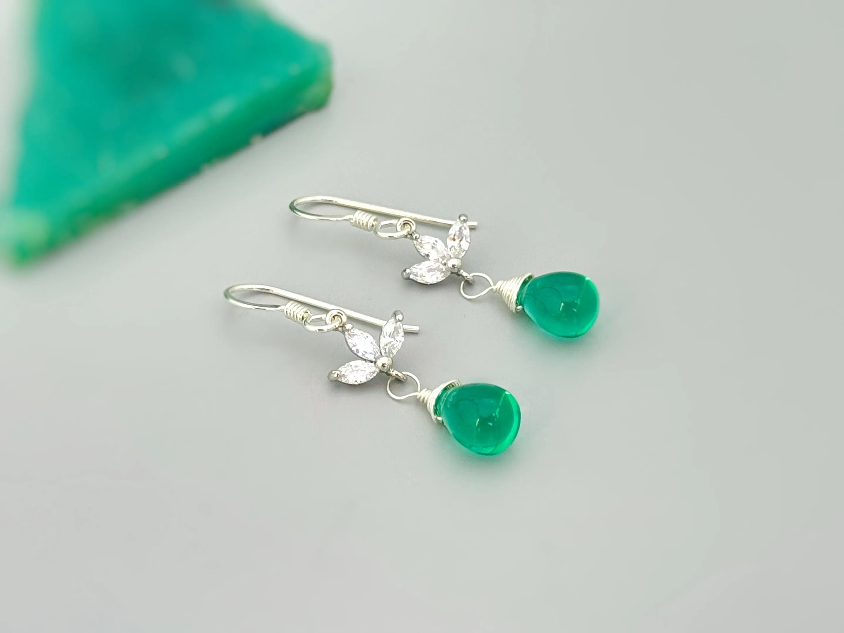 Emerald Green Gemstone Crystal earrings silver, gold, rose gold