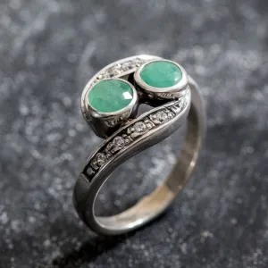 Emerald Vintage Ring - Two Stone Ring - Bypass Emerald Ring