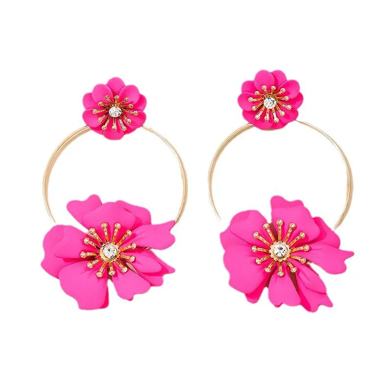 European Charm Vienna Verve Metal Earrings with Sweet Flower Rings for Trendy Women