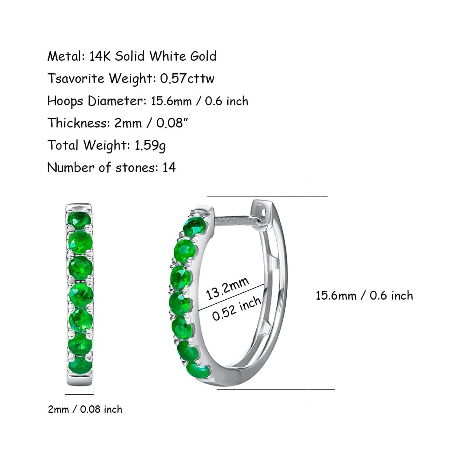 FANCIME Tsavorite Hinged 14k White Gold Hoop Earrings