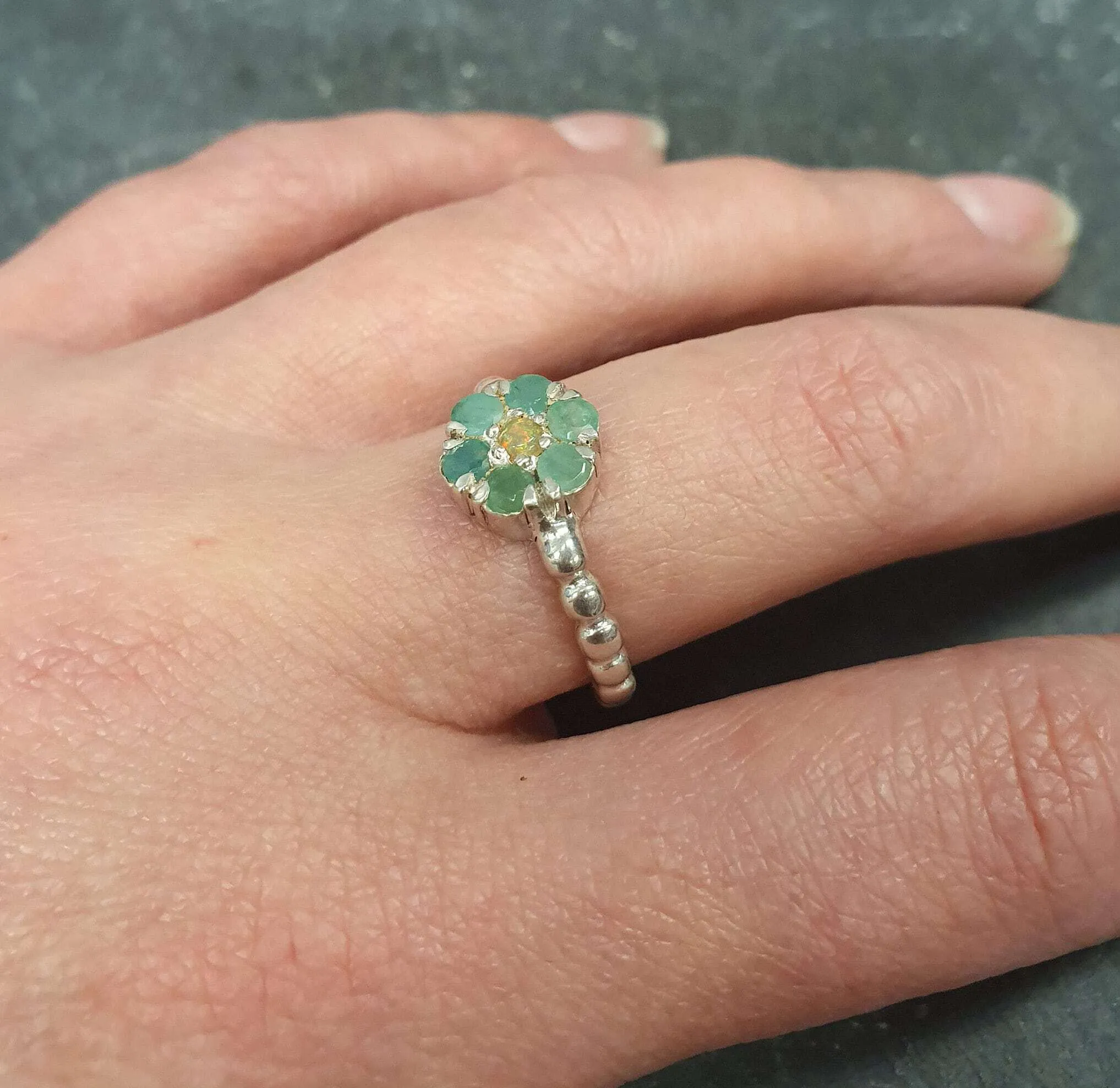 Flower Emerald Ring - Genuine Emerald Opal Ring - Green Vintage Ring