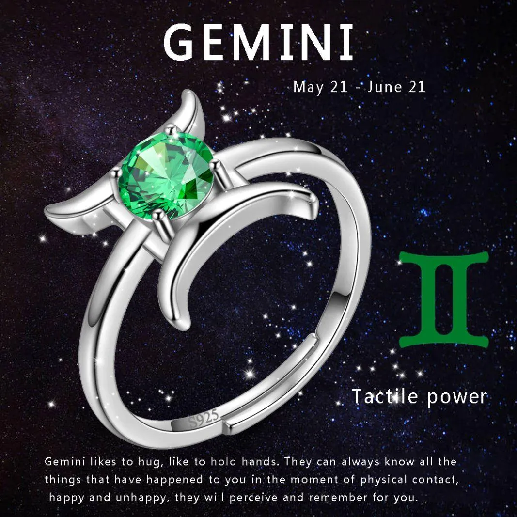 Gemini Ring May Emerald Birthstone Zodiac Women Girls Jewelry Birthday Gift