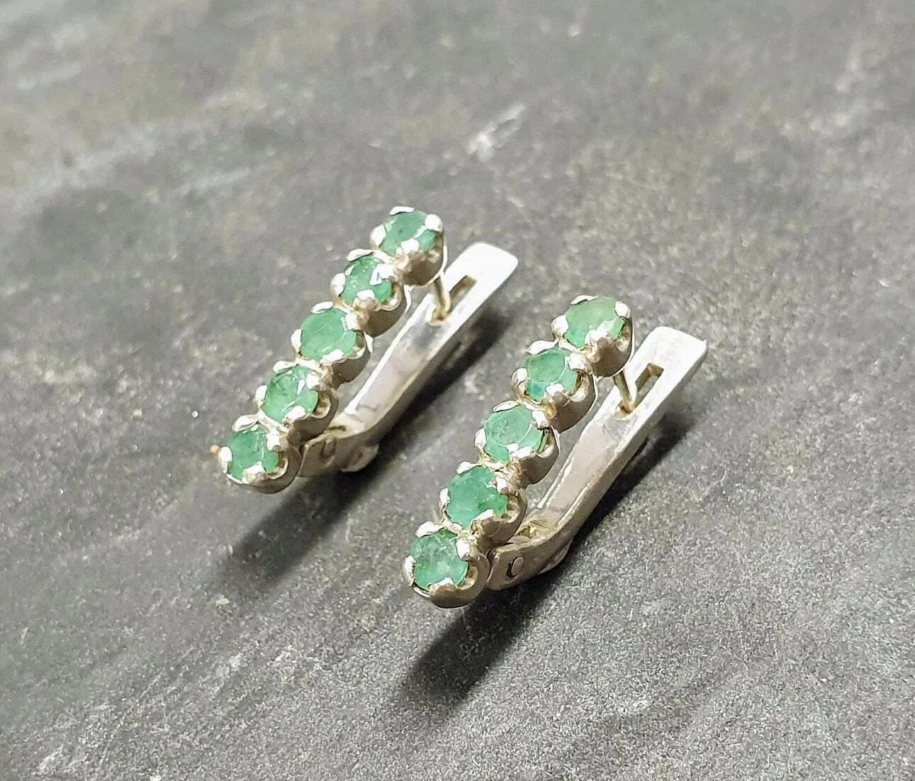 Genuine Emerald Earrings - Green Vertical Earrings - Vintage Bar Earrings