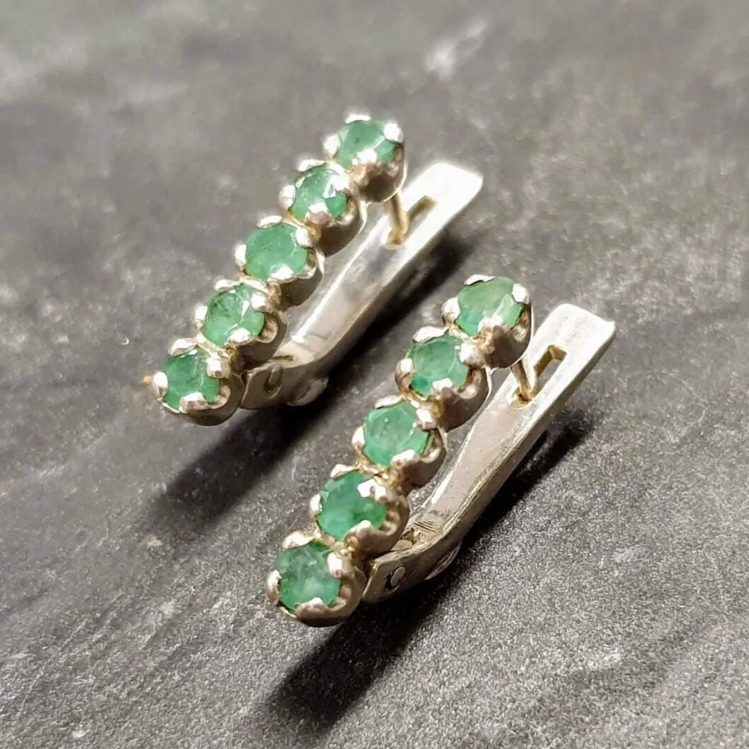 Genuine Emerald Earrings - Green Vertical Earrings - Vintage Bar Earrings