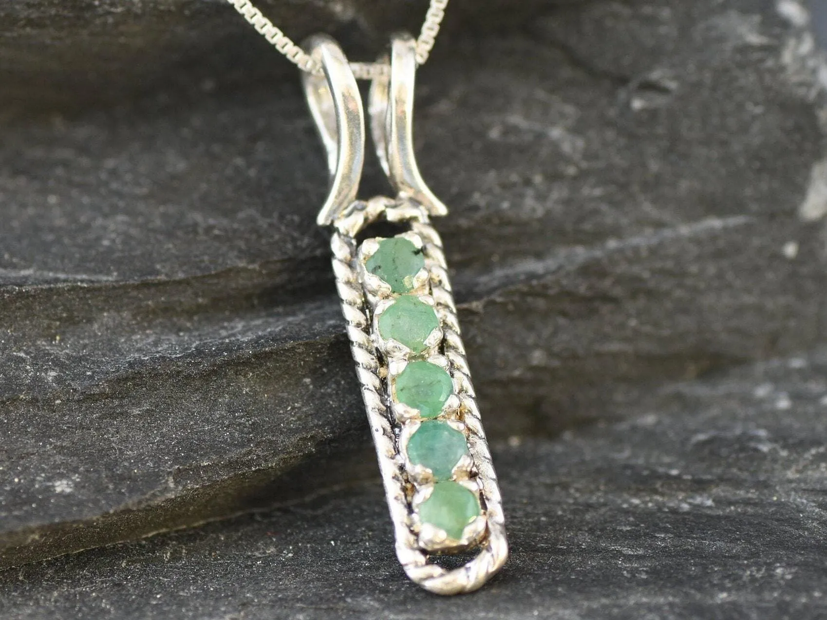 Genuine Emerald Pendant - Green Bar Necklace - Vertical Vintage Necklace