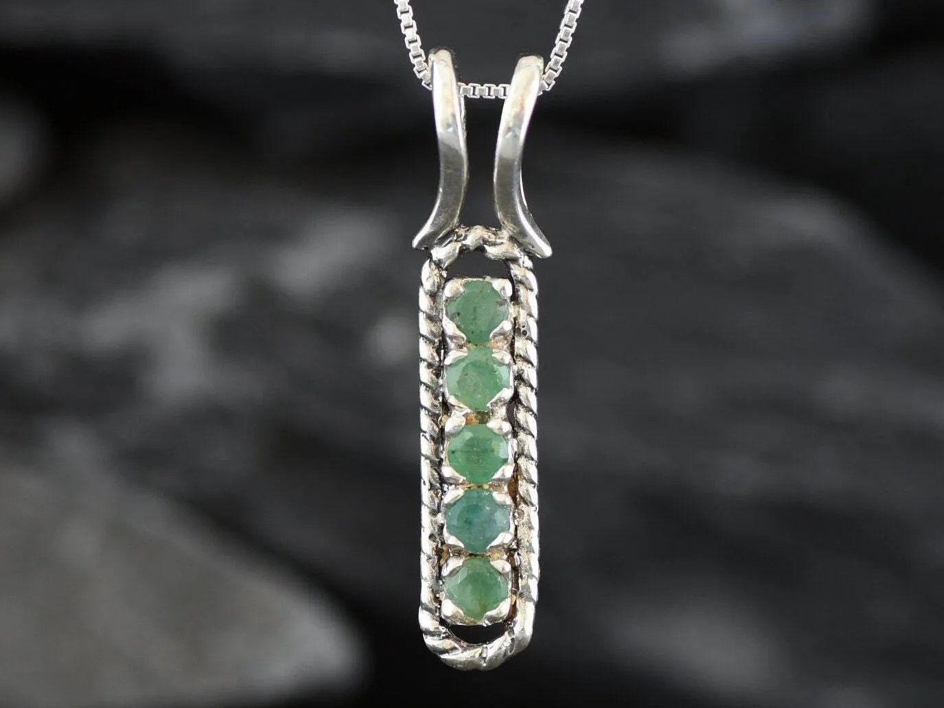 Genuine Emerald Pendant - Green Bar Necklace - Vertical Vintage Necklace