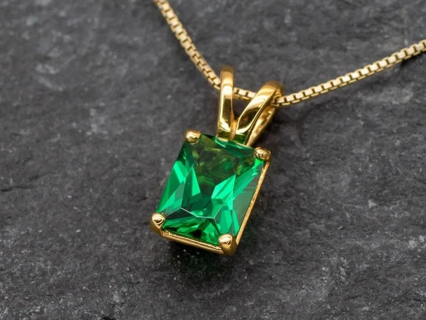 Gold Emerald Pendant - Green Emerald Necklace - Gold Radiant Cut Necklace