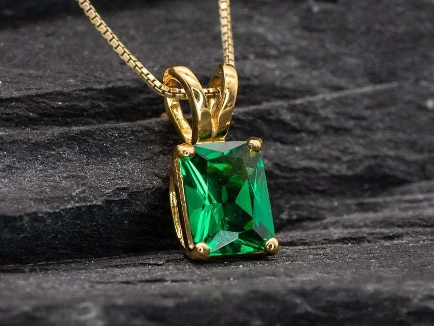 Gold Emerald Pendant - Green Emerald Necklace - Gold Radiant Cut Necklace