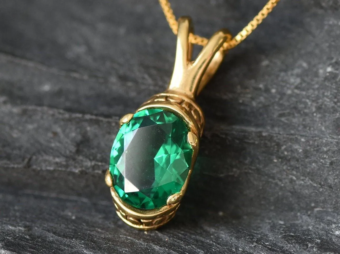 Gold Emerald Pendant - Vintage Emerald Necklace - Green Boho Necklace