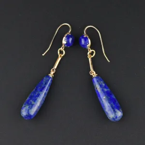 Gold Lapis Lazuli Teardrop Long Dangle Earrings