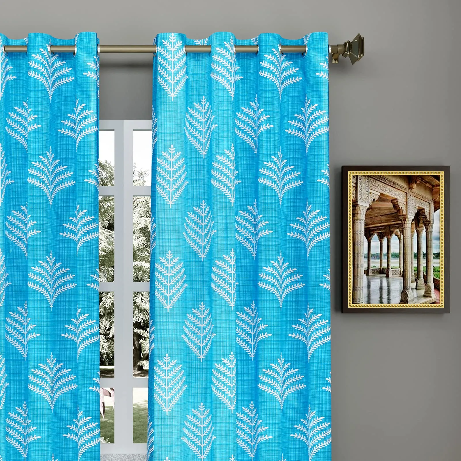 Heart Home Leaf Printed Home Décor Door Curtain with 8 Eyelet, 7 ft- Pack of 2 (Blue)-Hs43Hearth25592(Polyester_Blue)