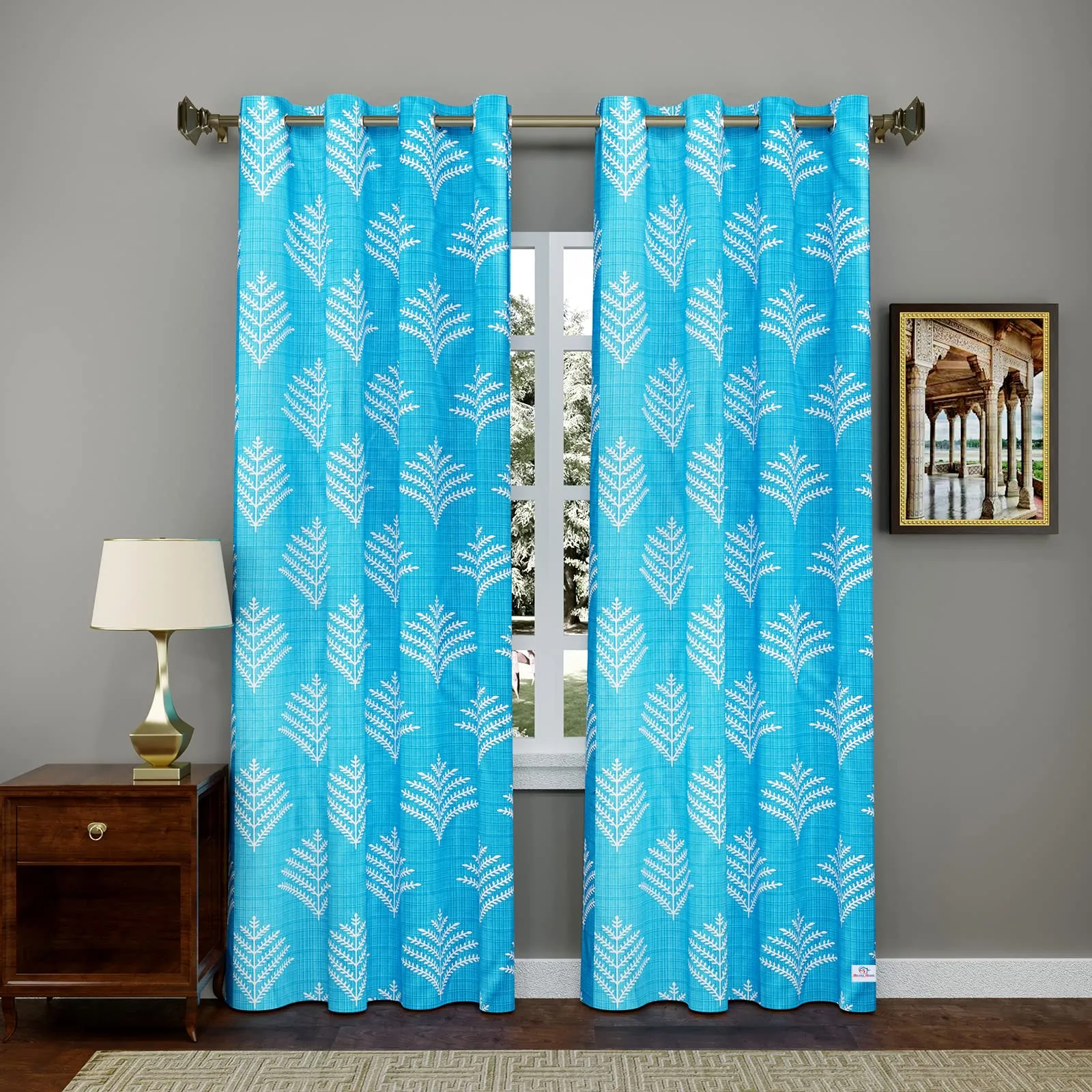 Heart Home Leaf Printed Home Décor Door Curtain with 8 Eyelet, 7 ft- Pack of 2 (Blue)-Hs43Hearth25592(Polyester_Blue)