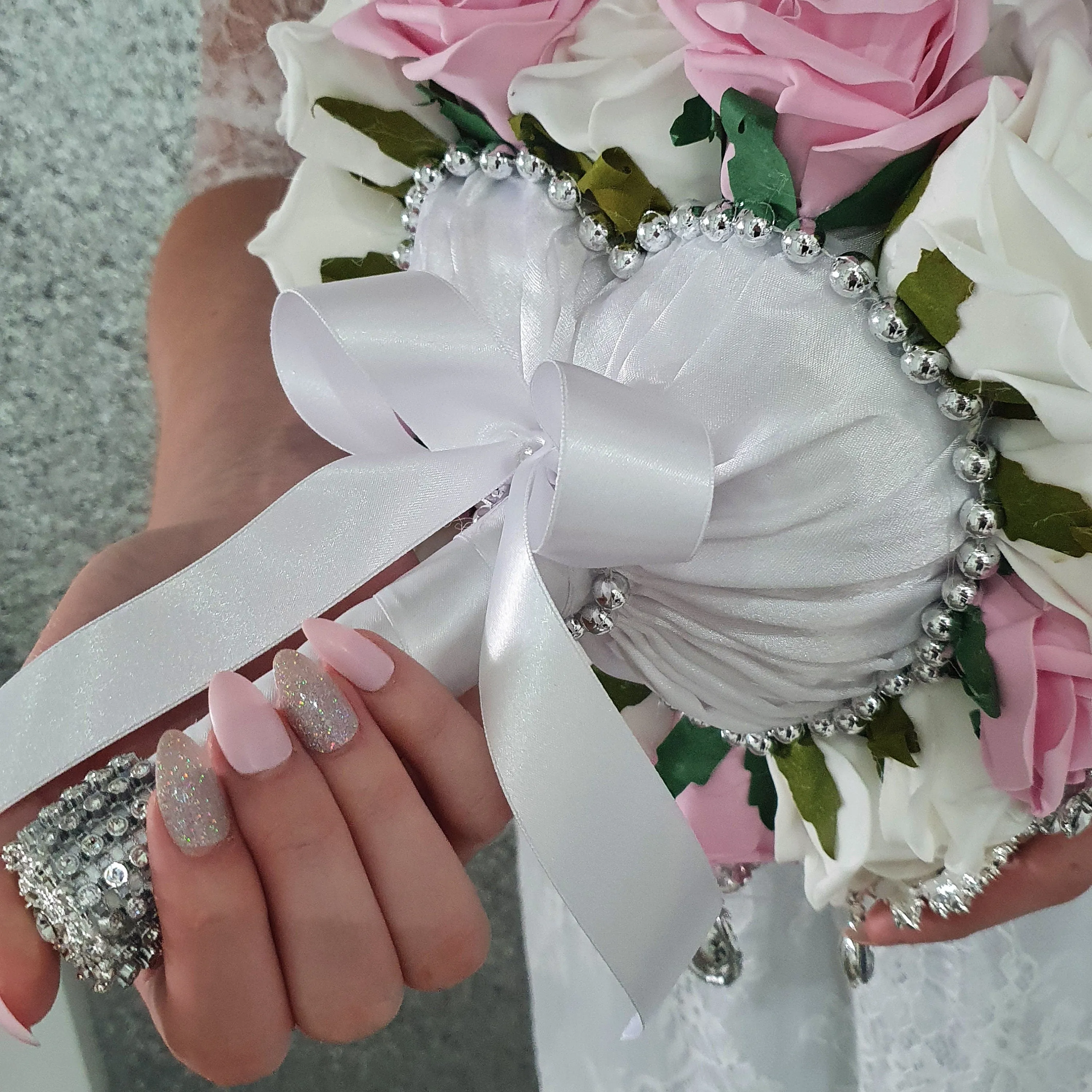 Heart shape brooch bouquet plus groom buttonhole artificial ,wedding flowers by Crystal wedding uk