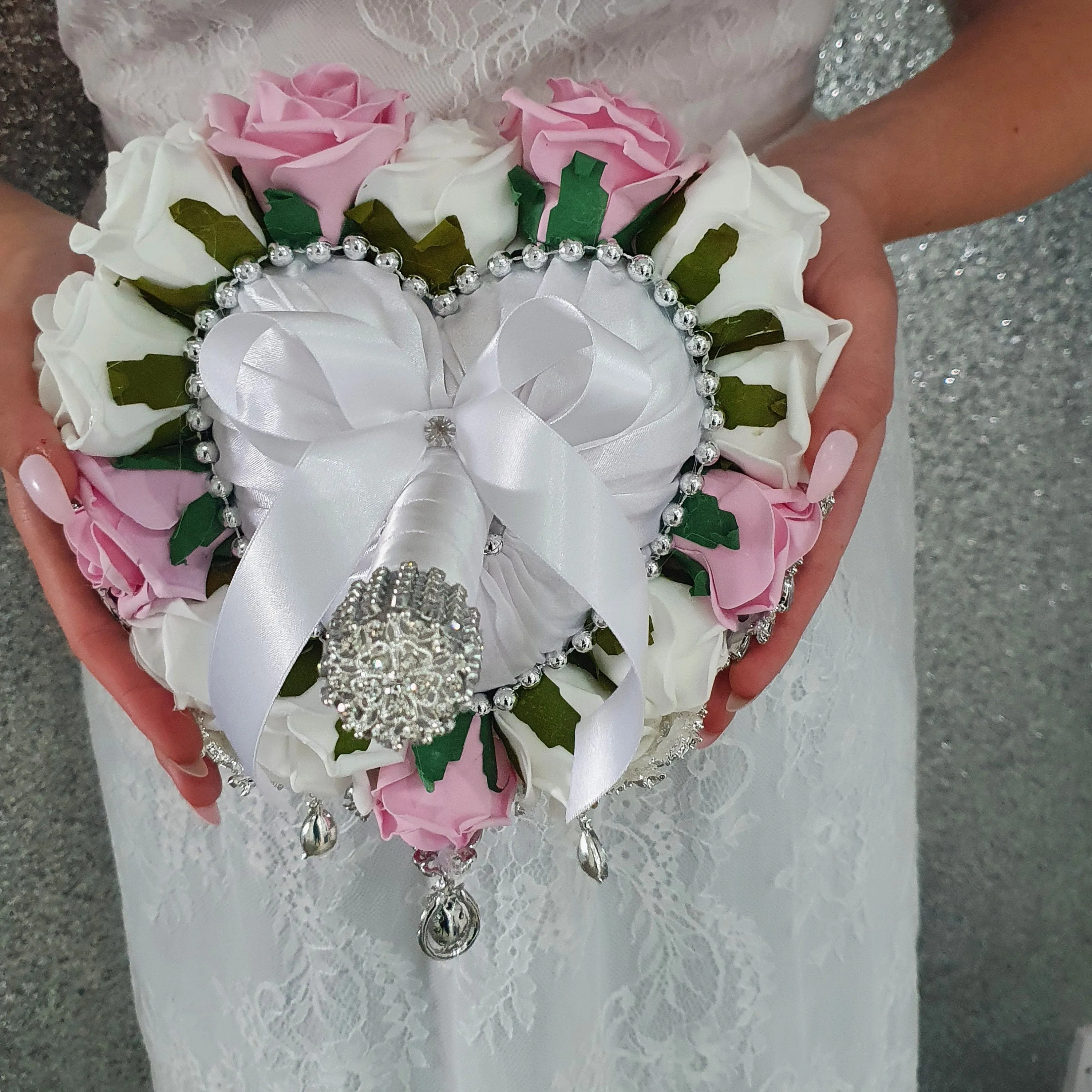 Heart shape brooch bouquet plus groom buttonhole artificial ,wedding flowers by Crystal wedding uk