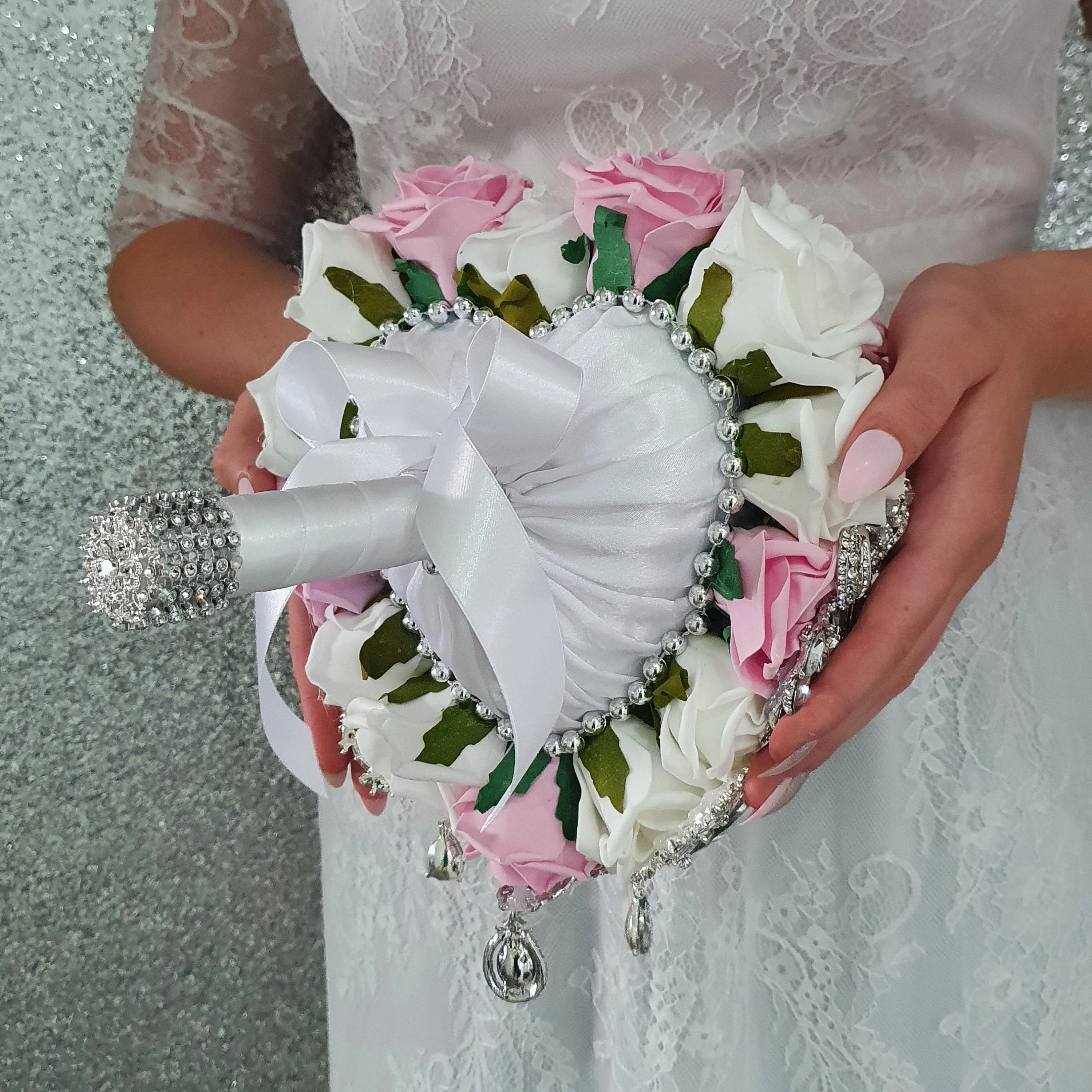 Heart shape brooch bouquet plus groom buttonhole artificial ,wedding flowers by Crystal wedding uk