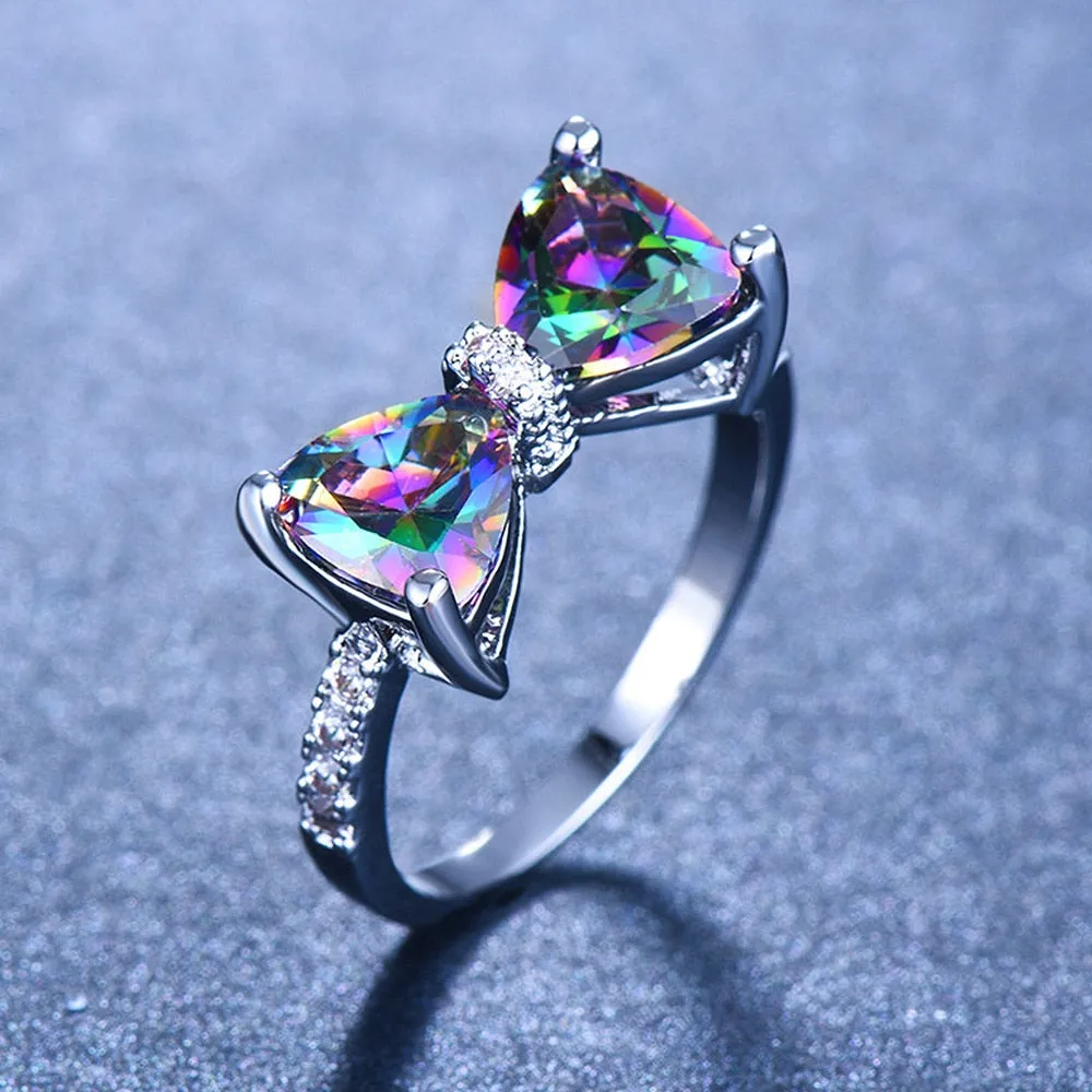 Huitan Personality Multi-colored CZ Bow Rings for Women Fancy Bride Wedding Ceremony Party Finger-ring Nice Gift Fashion Jewelry